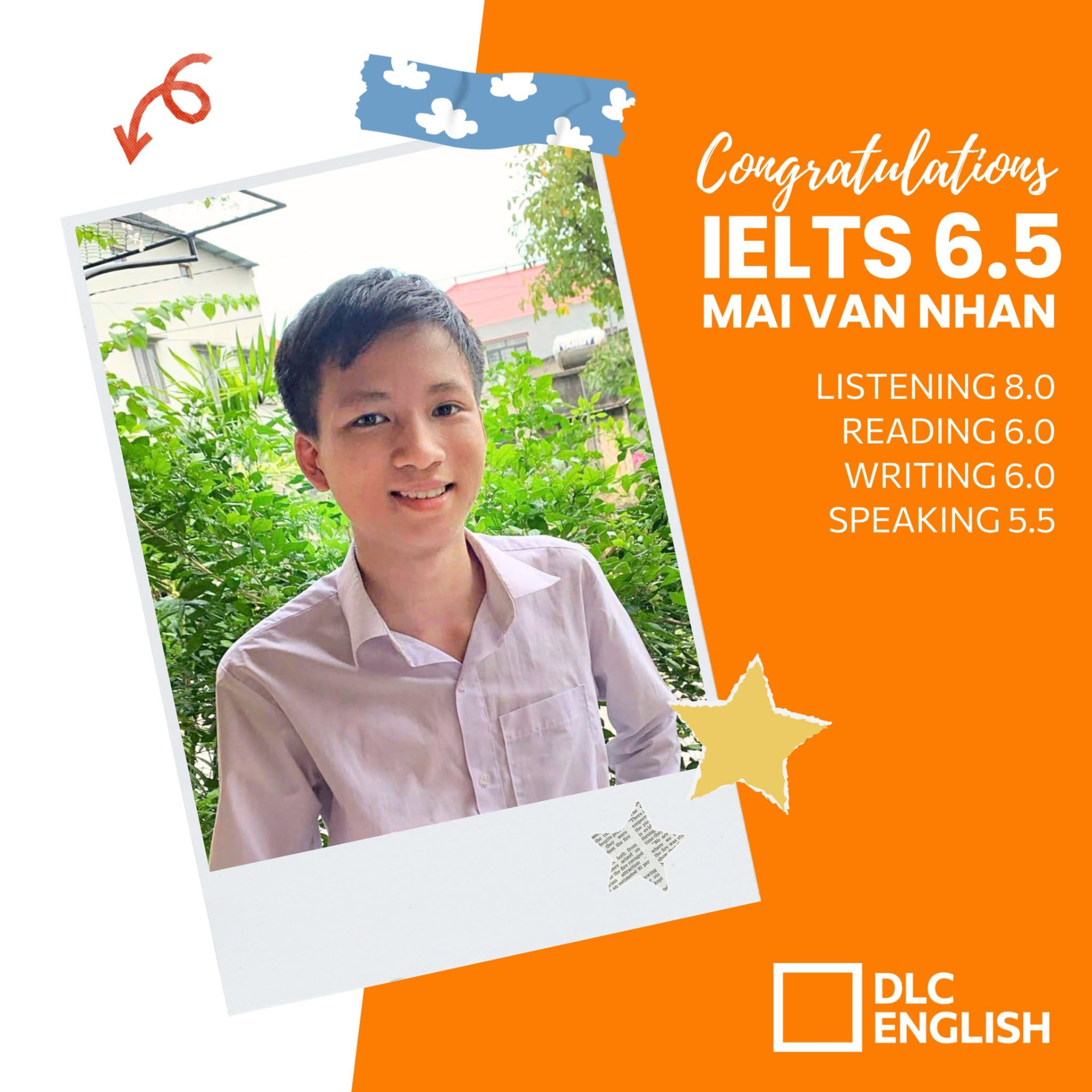 Mai Văn Nhân đạt IELTS 6.5 tại DLC English